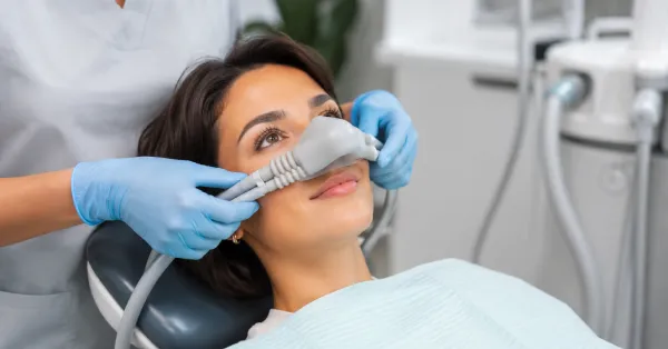 Sedation Dentistry in Washington with relaxed patient receiving a nasal sedation mask in a modern dental office.