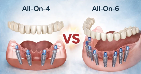 All-on-4 vs All-on-6 full-arch restoration comparison showing four implants on the left and six implants on the right for dental implants in Washington